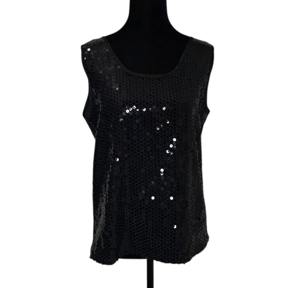 Black Sequin Tank Top Women Medium Vintage Made USA Party Y2K Glam